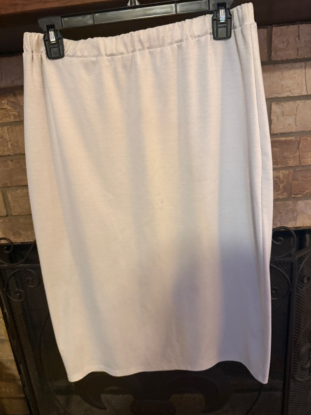 Midi Straight Skirt in Off-White with Elastic Waist